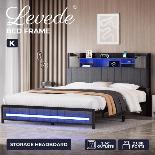 Levede King Bed Frame Linen Upholstered Storage Headboard LED Charging 2 Ports