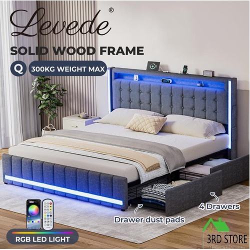 Levede Double Queen Bed Frame Headboard RGB LED Lights 4 Drawer USB Charge
