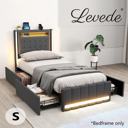 Levede Solid Bed Frame Headboard RGB LED Lights 4 Drawer USB Charge Single Size