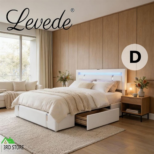 Levede Queen Bed Frame Led RGB Double Storage Drawers Soft Headboard USB Charge