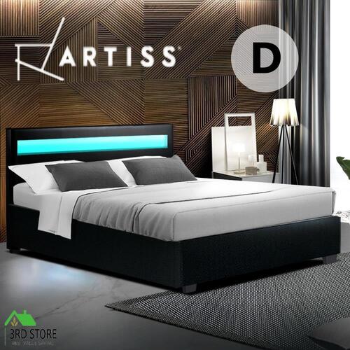 Artiss RGB LED Bed Frame Double Full Size Gas Lift Base Storage Leather COLE