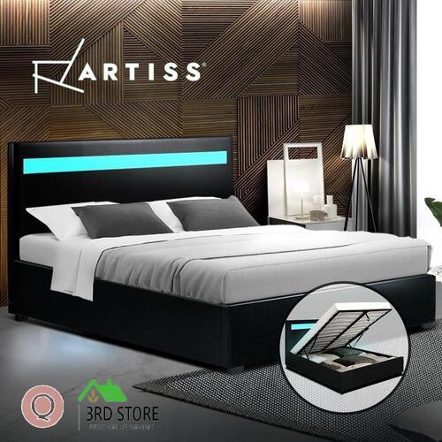 Artiss RGB LED Bed Frame Queen Size Gas Lift Base Storage Black Leather COLE