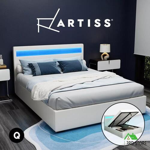 Artiss RGB LED Bed Frame Queen Size Gas Lift Base Storage White Leather COLE