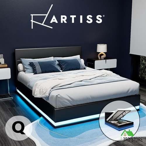 Artiss RGB LED Bed Frame Queen Size Gas Lift Base Storage Black Leather LUMI