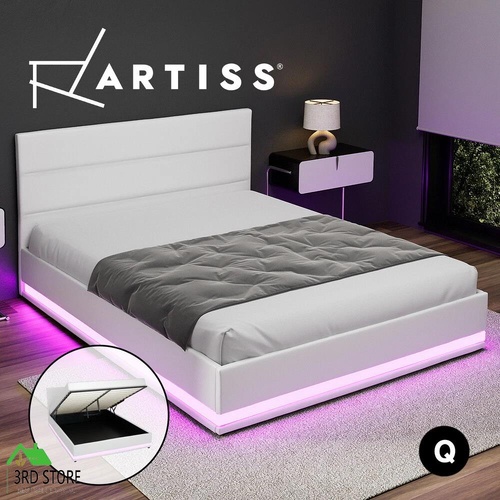 Artiss RGB LED Bed Frame Queen Size Gas Lift Base Storage White Leather LUMI