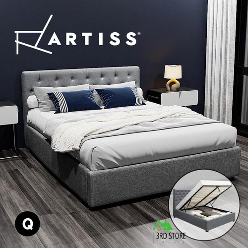 Artiss Bed Frame Queen Size Gas Lift Base With Storage Fabric Wooden VILA