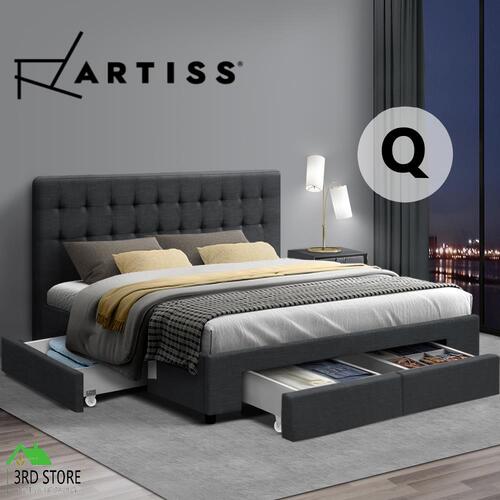 Artiss Bed Frame Queen Size Base Mattress With Storage Drawer Fabric Wooden