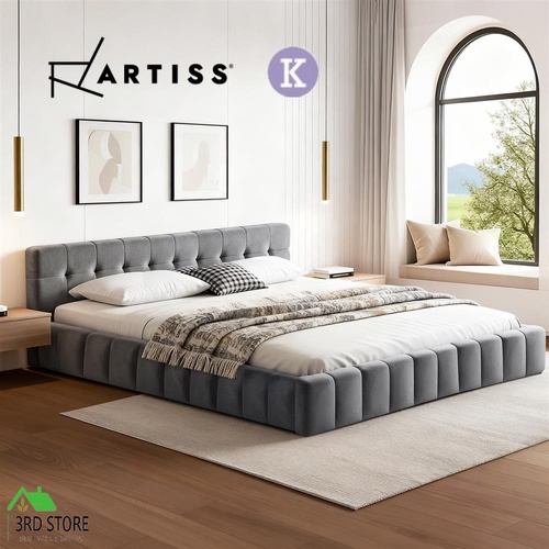 Artiss King Size Bed Frame Plush Soft Headboard Velvet Platform Base for Modern Bedrooms Grey