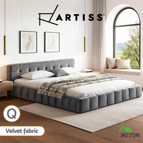 Artiss Queen Size Bed Frame Plush Soft Headboard Velvet Platform Base for Modern Bedrooms Grey