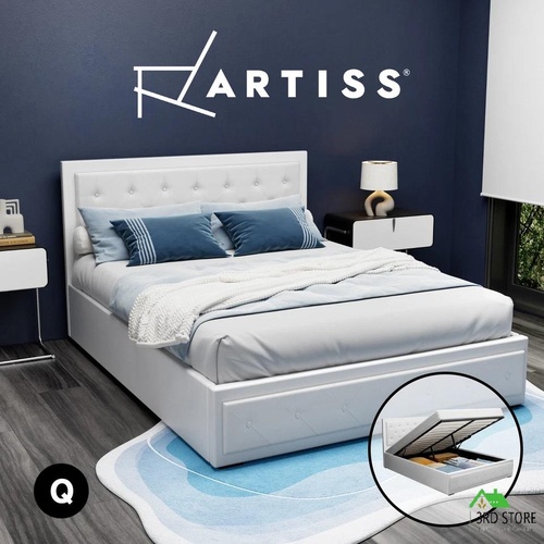 Artiss Bed Frame Queen Size Gas Lift Base With Storage Mattress Leather TIYO