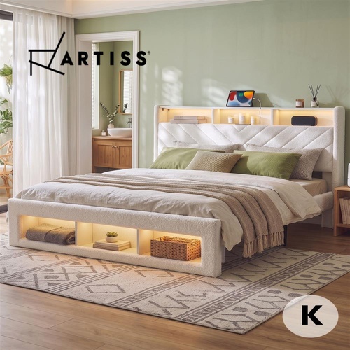 Artiss King Bed Frame with Storage, Charging Station & LED, White