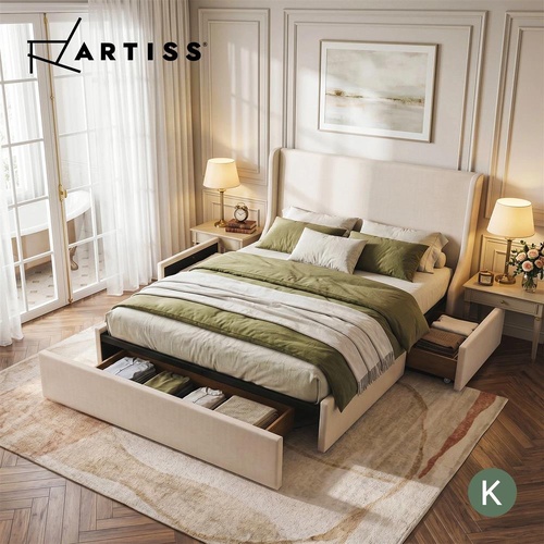 Artiss King Upholstered Bed Frame with 3 Storage Drawers Wingback Headboard Heavy Duty Metal Platform Base