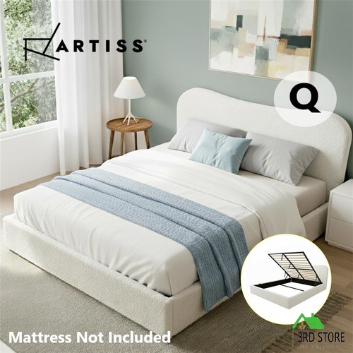 Artiss Queen Bed Frame with Gaslift Storage Wooden Platform Mattress Base Boucle Upholstered White
