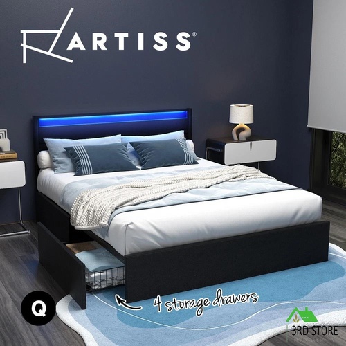 Artiss Bed Frame Queen Size LED with 4 Drawers Black DUNN