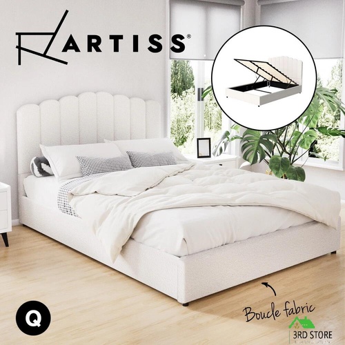 Artiss Bed Frame Queen Size Mattress Base Wooden Platform Boucle White FION