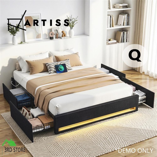 Artiss Queen Bed Frame with Storage Drawers RGB Lights Charging Station Bed Base