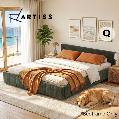 Artiss Queen Bed Frame Chenille Heavy Duty Platform Base Green 300kg Support No
