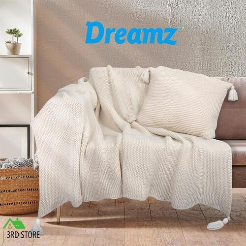 DreamZ Knitting Throw Blanket Cushion Set Pillow Tassel Fringe Sofa Bed Ivory