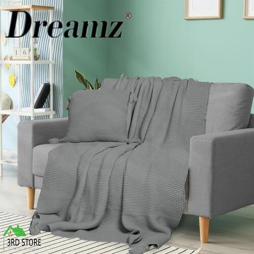 DreamZ Knitting Throw Blanket Cushion Set Pillow Tassel Fringe Sofa Bed Rug Grey