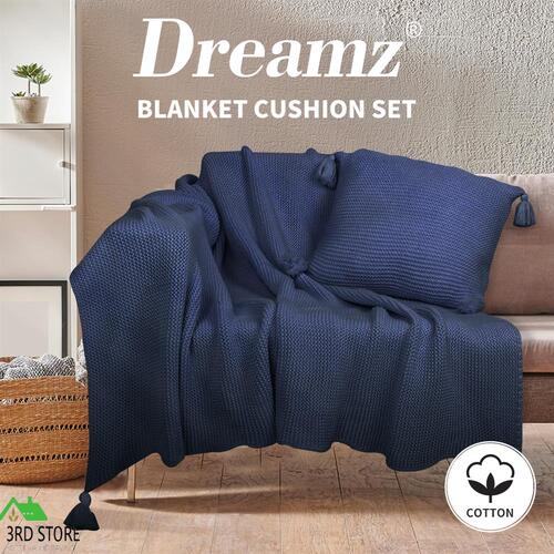 DreamZ Knitting Throw Blanket Cushion Set Pillow Tassel Fringe Sofa Bed Rug Navy