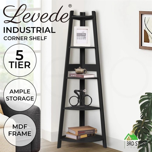 Levede 5 Tier Corner Shelf Wooden Storage Home Display Rack Plant Stand Black