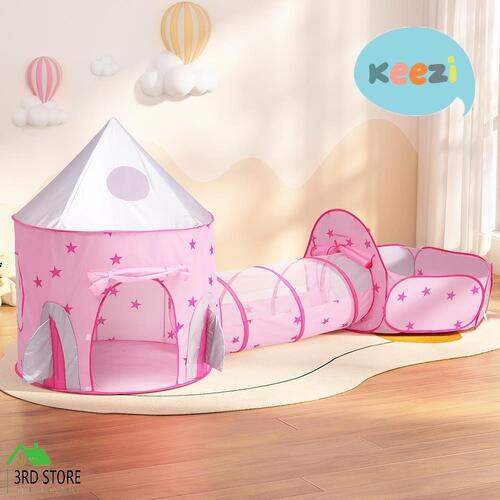 Keezi Kids Playhouse Play Tent Pop Up Castle Crawl Tunnel Basketball Hoop Pink