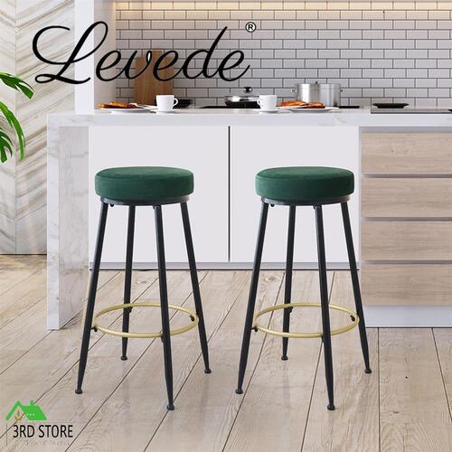 Levede Upholstered Swivel Bar Stools Backless Velvet Kitchen Counter Chairs x2