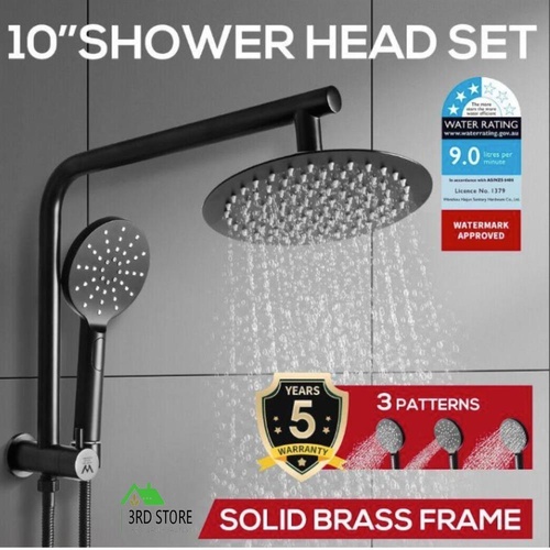 Rain Shower Head Set Black Round Brass Taps Mixer Handheld High Pressure 10"