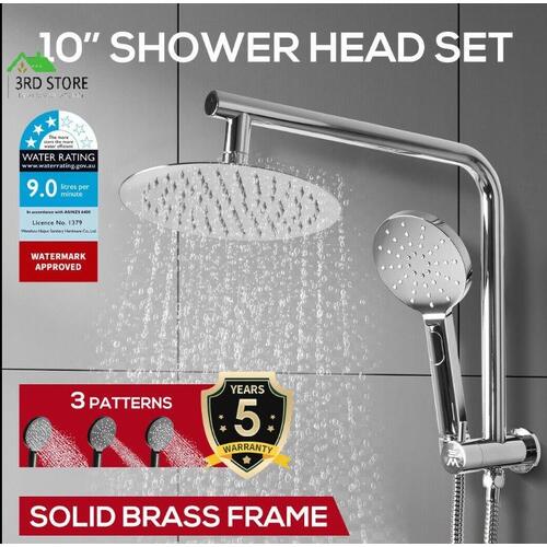 Rain Shower Head Set Silver Round Brass Taps Mixer Handheld High Pressure 10"