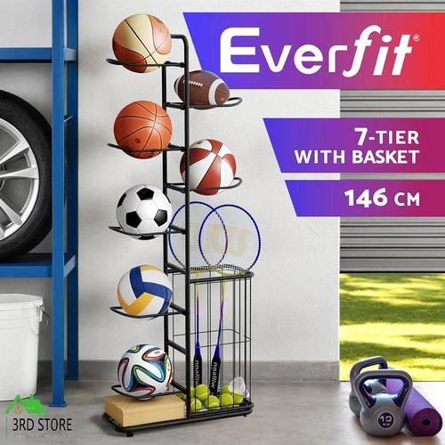 Everfit Ball Storage Rack Sports Equipment Organizer 7-Tier with Basket for Garage Gym Black