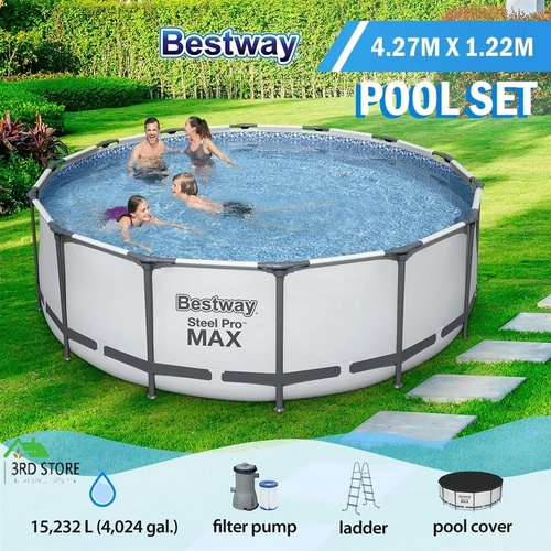Bestway Swimming Pool 427x427x122cm Steel Frame Above Ground Pools Round Filter Pump Ladder