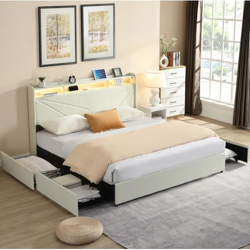 Gas Lift Upholstered Bed Frame with Storage, LED Lights Headboard