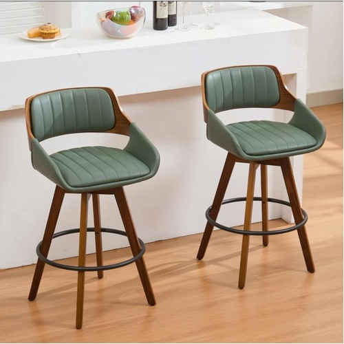 Swivel Upholstered Bar Chair with Back and Walnut Wood Legs Green X2