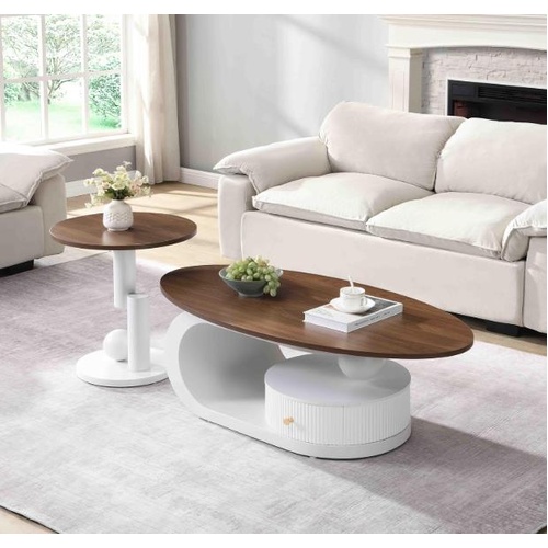 Nesting Coffee Table Set of 2, Oval Coffee Table and Round End Table with Drawer