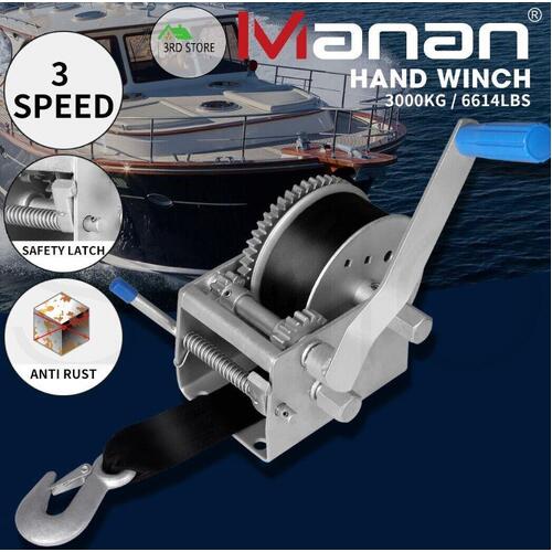 Manan Hand Winch 3000KGS 4WD 3 Speed Car Boat Trailer Webbing Strap 8Mx50MM