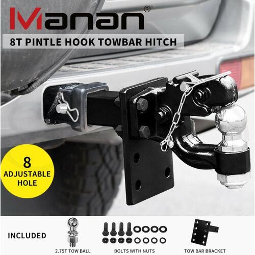 Manan 8Ton Pintle Hook Tow Bar Hitch Ball Combo Receiver Arm Trailer 4WD Caravan