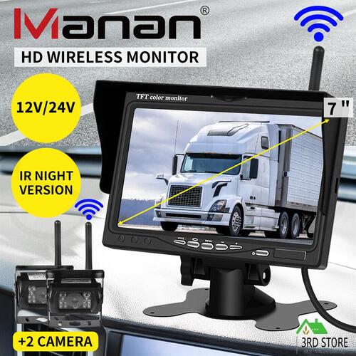 7" Car Wireless Rear View Monitor +2 Reverse Camera Caravan Bus Truck 12 24V