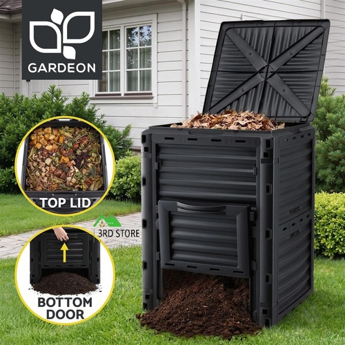 Gardeon Compost Bin 300L Heavy-Duty Black Outdoor Composter with Top Lid Bottom Door