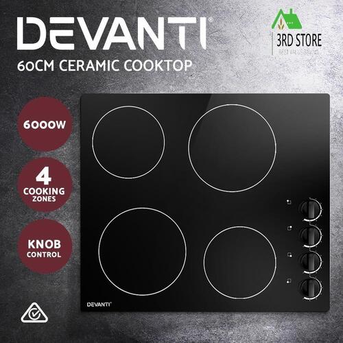 Devanti Ceramic Cooktop 60cm Electric Kitchen Burner Cooker 4 Zone Knobs Control