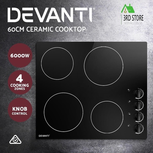 RETURNs Devanti Ceramic Cooktop 60cm Electric Kitchen Burner Cooker 4 Zone Knobs Control