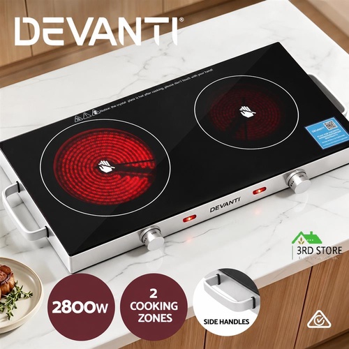 Devanti Portable Ceramic Cooktop Dual Burner Electric Hot Plate 2800W Black