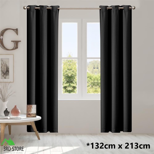 2x Blockout Curtains Panels 3 Layers Eyelet Room Darkening 132x213cm Black