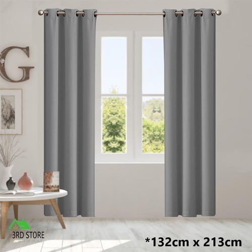 2x Blockout Curtains Panels 3 Layers Eyelet Room Darkening 132x213cm Grey