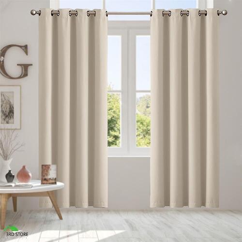 2x Blockout Curtains Panels 3 Layers Eyelet Room Darkening 132x160cm Beige