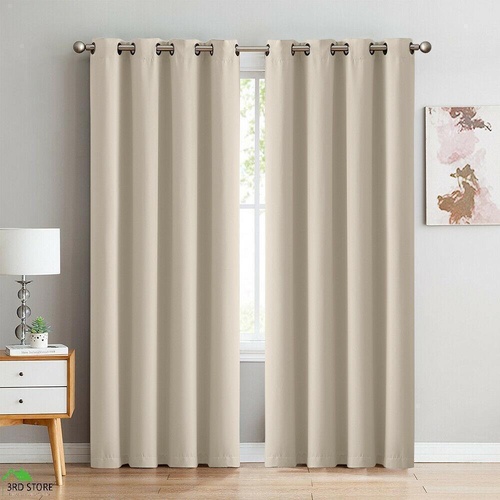 2x Blockout Curtains Panels 3 Layers Eyelet Room Darkening 132x213cm Beige