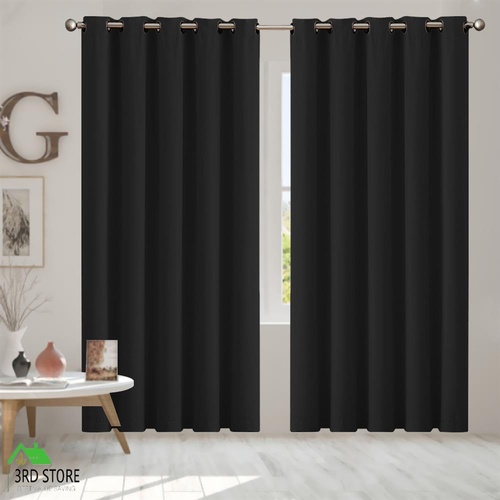2X Blockout Curtains Blackout Window Curtain Pair Eyelet BLACK 180x230CM