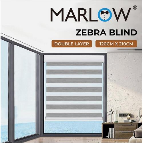 Marlow Blackout Zebra Roller Blind Curtains Double Window Sunshade 120x210 Grey
