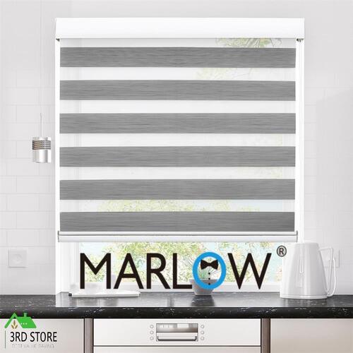 Marlow Blackout Zebra Roller Blind Curtains Double Window Sunshade 180x210 Grey