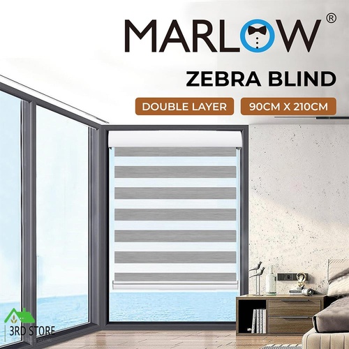 Marlow Blackout Zebra Roller Blind Curtains Double Window Sunshade 90x210 Grey
