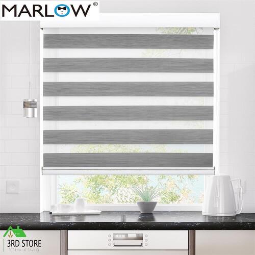 Marlow Blackout Zebra Roller Blind Curtains Double Window Sunshade 90x210 Grey